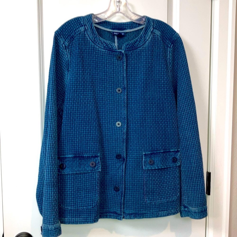 J.jill DENIM size L long sleeve button up jacket pockets 100% cotton runs XL